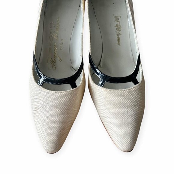 Vintage Roger Vivier Ecru Fabric Pumps with Black Patent‎ Trim, Size 6.5B - Picture 13 of 16